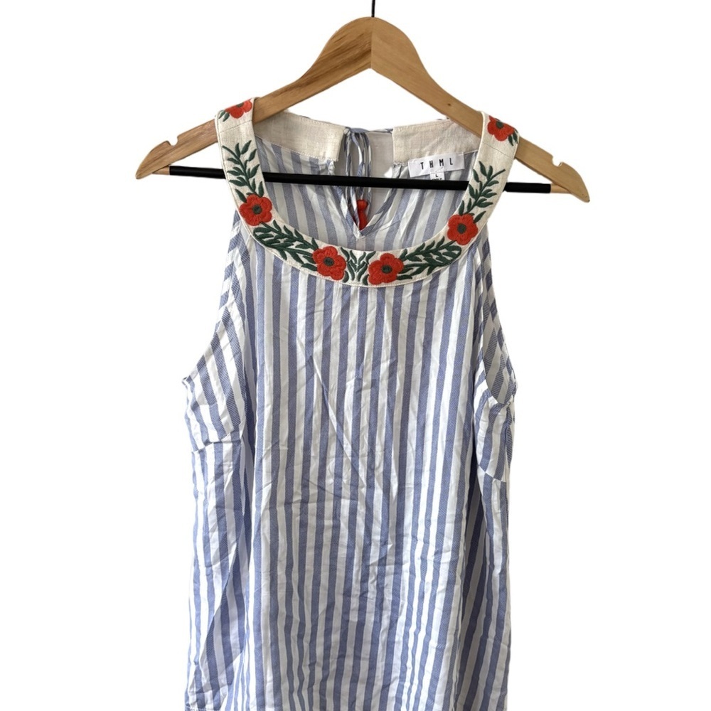 THML Blue and White Striped Tank with Red Floral Embroidery